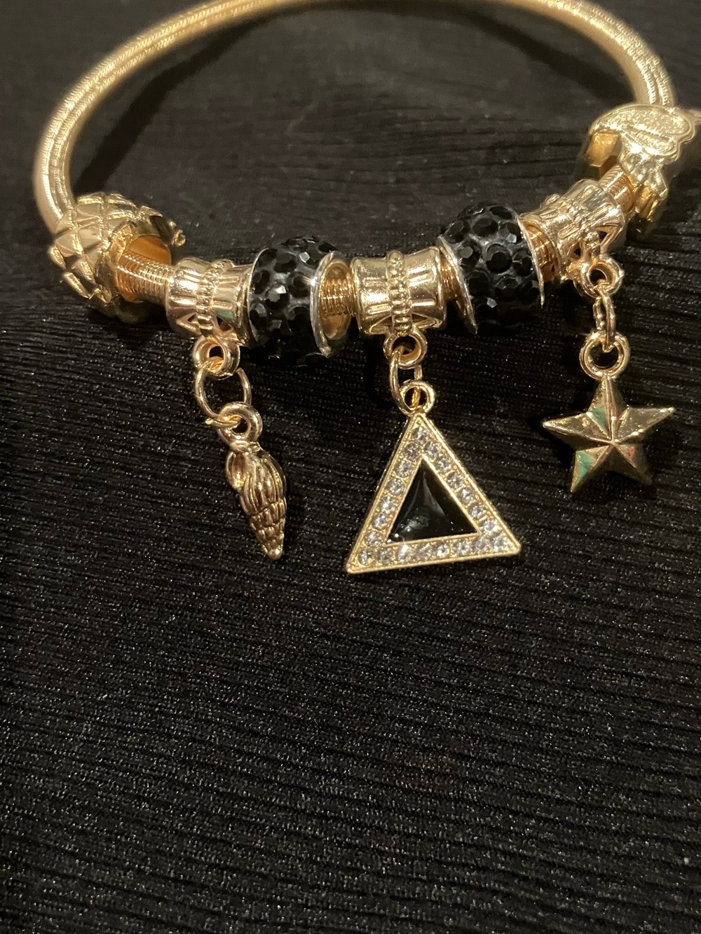 Gold Charm Bangle Bracelet with Black Beads and Triangle Charm